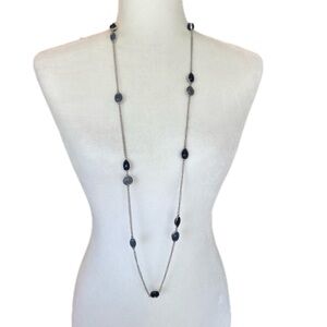 Long Silver Tone Blue Shades of Lucite Cabochons Front and Back Necklace